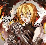  035nnn 1girl armor black_shirt blonde_hair character_name don_quixote_(project_moon) fire gauntlets helmet highres holding holding_helmet limbus_company looking_at_viewer open_mouth project_moon scroll shirt short_hair sleeveless sleeveless_shirt smile solo wax_seal yellow_eyes 