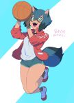  1girl :d animal_ears animal_nose aqua_shorts ball basketball_(object) blue_hair blue_tail body_fur brand_new_animal brown_fur dolphin_shorts fangs full_body furry furry_female green_eyes highres jacket kagemori_michiru looking_at_viewer not_anpn open_clothes open_jacket open_mouth raccoon_ears raccoon_girl raccoon_tail red_jacket shirt shoes short_hair shorts simple_background smile sneakers solo tail thighs track_jacket white_shirt 
