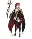  1boy animal_ears bat_boy bat_ears black_cape black_leggings breasts cape elm_(fire_emblem) fire_emblem fire_emblem_heroes hair_over_one_eye highres holding holding_staff leggings looking_at_viewer medium_breasts non-web_source official_art otoko_no_ko pale_skin red_car red_eyes red_hair single_leg_pantyhose single_thighhigh solo staff tachi-e thighhighs 