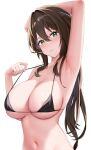  1girl areola_slip arm_up armpits bare_arms bare_shoulders bikini black_bikini breasts brown_hair collarbone commentary_request green_eyes hair_intakes hand_up highres honkai:_star_rail honkai_(series) large_breasts looking_at_viewer navel parted_lips ruan_mei_(honkai:_star_rail) simple_background skai_kun solo stomach swimsuit upper_body white_background 