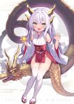 1girl 2024 absurdres bare_shoulders blush breasts chinese_zodiac claw_pose collarbone commentary_request detached_sleeves dragon dragon_girl dragon_horns dragon_tail fangs full_body grey_hair happy_new_year highres horns long_hair long_sleeves looking_at_viewer ochinsama open_mouth original sandals skindentation small_breasts solo tabi tail thick_thighs thighhighs thighs very_long_hair white_thighhighs year_of_the_dragon yellow_eyes zouri 