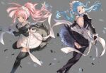  2girls apron backless_dress backless_outfit blue_eyes blue_hair breasts dagger dress dynamic_pose felicia_(fire_emblem) fighting_stance fire_emblem fire_emblem_fates flora_(fire_emblem) frills gloves haru_(nakajou-28) highres holding holding_dagger holding_knife holding_weapon knife long_hair long_sleeves maid maid_apron maid_headdress multiple_girls pink_hair ponytail puffy_sleeves thighhighs weapon 