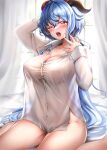  1girl arm_up blue_hair breasts cleavage commentary_request curtains ganyu_(genshin_impact) genshin_impact hand_up highres horns indoors large_breasts long_hair looking_at_viewer naked_shirt one_eye_closed purple_eyes queencho shirt sitting solo thighs very_long_hair wariza white_shirt 