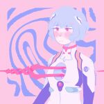  1girl artist_name ayanami_rei bad_id bad_twitter_id blue_hair blush bodysuit commentary english_commentary expressionless hole_on_body interface_headset lance_of_longinus_(evangelion) looking_to_the_side neon_genesis_evangelion pilot_suit pink_background plugsuit red_eyes shooting_through_heart short_hair solo upper_body vitamincera white_bodysuit 