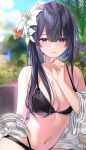  1girl bikini black_bikini blurry blurry_background breasts cleavage closed_mouth cloud collarbone flower hair_flower hair_ornament hand_on_own_chin highres long_hair navel off_shoulder original plant purple_eyes sky solo swimsuit takeko_spla white_flower 