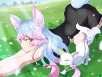  1girl absurdres animal animal_ears antenna_hair black_dress blue_hair blurry blurry_background closed_mouth dress falling_petals flower grass hair_flower hair_ornament highres indie_virtual_youtuber long_hair mayamochi multicolored_hair petals pink_flower pink_hair purple_eyes silvervale star_(symbol) star_in_eye streaked_hair swept_bangs symbol_in_eye tail virtual_youtuber wolf_ears wolf_girl wolf_tail 