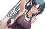 1girl arm_up armpits backless_swimsuit bare_shoulders black_eyes black_hair breasts highres hiiragi_yuuichi large_breasts looking_at_viewer one-piece_swimsuit original parted_bangs purple_one-piece_swimsuit simple_background smile solo swimsuit white_background 