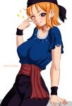  1girl :q absurdres alternate_costume bandana black_bandana black_pants blue_shirt breasts brown_eyes collarbone commentary ear_piercing elpipe_3000 english_commentary eyelashes highres large_breasts medium_hair nami_(one_piece) one_eye_closed one_piece orange_hair pants piercing shirt solo sparkle standing tongue tongue_out v 