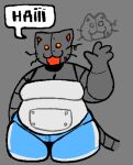 2023 4_fingers android anthro beady_eyes belly blue_bottomwear blue_clothing blue_shorts bottomwear breasts cassicat cleavage clothed clothing dialogue domestic_cat english_text felid feline felis female fingers front_view gesture greeting grey_body machine mammal markings medium_breasts mole_(marking) open_:3 open_mouth orange_eyes overweight overweight_anthro overweight_female portrait robot shirt shorts solo speech_bubble standing tail text three-quarter_portrait topwear trans_(lore) trans_woman_(lore) waving whiskers white_clothing white_shirt white_topwear