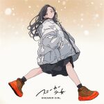  1girl absurdres coat down_jacket haluchilu hands_in_pockets highres jacket long_hair looking_at_viewer orange_eyes orange_footwear original shoes sneakers solo uniform winter_clothes winter_coat 