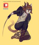 action_pose anthro blue_eyes boots bottomwear brown_hair clothed clothing domestic_cat felid feline felis fighting_pose fingerless_gloves footwear gloves hair handwear hold_weapon jewelry jumping male mammal necklace open_mouth pants pose rexwind shirt simple_background solo topwear weapon