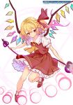  1girl absurdres ascot blonde_hair dress flandre_scarlet full_body hair_ribbon highres kagurachiriri magic_circle red_dress red_eyes red_ribbon ribbon shoes solo touhou transparent_background wings yellow_ascot 