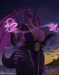  anthro beach big_breasts breasts cleavage clothed clothing dragon dress female hi_res horn huge_breasts jewelry legwear magic magic_user membrane_(anatomy) membranous_wings necklace night night_sky nipple_outline outside purple_body purple_scales pwnagespartan scales scalie seaside solo spikes standing sunset thigh_highs water wings 