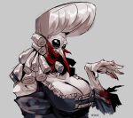 animal_humanoid arthropod arthropod_humanoid beady_eyes big_breasts black_eyes blood blood_in_mouth blood_on_face bloodsucker_(darkest_dungeon) blue_clothing blue_dress bodily_fluids breasts cleavage clothed clothing courtesan_(darkest_dungeon) darkest_dungeon dipteran dipteran_humanoid dress female grey_background hair hi_res huge_breasts humanoid insect insect_humanoid looking_at_viewer metal_gy mosquito_humanoid pale_skin pointy_nose sharp_teeth simple_background solo teeth vampire white_hair