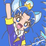  1girl animal_ears arm_up blue_background blue_eyes blue_gloves blue_hair blue_jacket blush bright_pupils buttons clenched_hand crown crown_earrings cure_gelato double-breasted earrings eyelashes fang food-themed_hair_ornament fur_trim gloves hair_intakes hair_ornament highres ice_cream_hair_ornament jacket jewelry kirakira_precure_a_la_mode lion_ears long_hair looking_at_viewer magical_girl mayena mini_crown open_mouth outline precure signature simple_background smile solo tategami_aoi upper_body white_outline white_pupils 