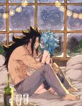  1boy 1girl abs alcohol arms_around_waist backless_dress backless_outfit bad_id bad_twitter_id belt black_dress black_hair blue_hair blush commentary cup dress drinking_glass english_commentary fairy_tail gajeel_redfox hetero indoors jewelry levy_mcgarden long_hair looking_at_another necklace night night_sky on_bed pants pillow profile rusky scar scar_on_arm short_dress sidelocks size_difference sky smile torso window wine wine_glass 