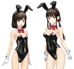  2girls animal_ears bare_legs black_eyes black_hair black_leotard blunt_bangs blunt_ends bob_cut bow bowtie breasts closed_mouth collar commentary covered_navel detached_collar fake_animal_ears gloves highleg highleg_leotard highres leotard light_frown long_hair looking_at_viewer low_twintails maburu_(lojyq1eur3e8bit) medium_breasts multiple_girls open_mouth original playboy_bunny rabbit_ears red_bow red_bowtie short_hair sidelocks simple_background small_breasts smile standing strapless strapless_leotard twintails white_background white_collar white_gloves wing_collar wrist_cuffs 