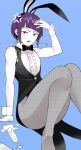  1girl absurdres animal_ears arm_support bare_arms blue_background blush boku_no_hero_academia bow bowtie highres jirou_kyouka knees_together_feet_apart koyap looking_at_viewer on_floor pantyhose purple_hair rabbit_ears short_hair simple_background sleeveless_blazer solo wrist_cuffs 