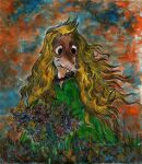 abstract_background anthro blonde_hair clothing colored_pencil_(artwork) female fillyjonk flower green_clothing hair hi_res humanoid janet_k_wallace jewelry long_hair necklace painting_(artwork) plant smile solo the_moomins traditional_media_(artwork) watercolor_(artwork)