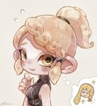  1girl agent_8_(splatoon) bare_shoulders blonde_hair blush braid breasts colored_tongue crop_top flying_sweatdrops hand_up highres inkling inkling_girl medium_breasts octarian octoling octoling_girl open_mouth plum0o0 ponytail short_hair sleeveless smile sparkle splatoon_(series) splatoon_2 splatoon_2:_octo_expansion splatoon_3 squidbeak_splatoon tentacle_hair thought_bubble upper_body yellow_eyes yellow_tongue 