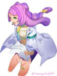  1girl artist_name bow-shaped_hair breasts earrings flower_earrings green_eyes highres holding holding_paper jewelry lab_coat long_hair long_sleeves medium_breasts mian_(3zandora) miriam_(pokemon) multicolored_hair off-shoulder_sweater off_shoulder paper pink_hair pokemon pokemon_sv purple_hair purple_skirt school_nurse skirt solo stethoscope streaked_hair striped striped_skirt sweater swept_bangs twitter_username yellow_sweater 