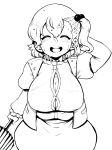  1girl absurdres alternate_hairstyle arm_up breasts covered_nipples hair_bobbles hair_ornament hand_fan highres himajin_noizu huge_breasts juliet_sleeves long_sleeves monochrome one_side_up open_mouth popped_button puffy_sleeves round_teeth simple_background solo sweat tatara_kogasa teeth touhou upper_teeth white_background 