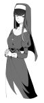  1girl alternate_costume closed_mouth coif commentary_request cropped_legs cross cross_necklace dress greyscale habit jewelry juliet_sleeves kill_la_kill kiryuuin_satsuki long_hair long_sleeves looking_at_viewer looking_to_the_side monochrome necklace not_anpn nun own_hands_clasped own_hands_together puffy_sleeves sidelocks simple_background sleeve_cuffs solo traditional_nun 