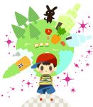  1boy arms_at_sides baseball_cap black_eyes black_hair blue_shorts blush_stickers carrot chibi flower full_body hat hitofutarai looking_at_viewer magicant male_focus mother_(game) mother_2 ness_(mother_2) on_mini_planet planet rabbit red_footwear red_headwear shirt shorts sideways_hat solid_oval_eyes standing striped striped_shirt tomato tombstone tree waving white_background 