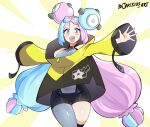  1girl absurdres bare_shoulders bike_shorts blue_hair bow-shaped_hair breasts character_hair_ornament grey_pantyhose hair_ornament highres iono_(pokemon) jacket jarckius light_blue_hair long_hair low-tied_long_hair magnemite multicolored_hair oversized_clothes pantyhose pink_hair pokemon pokemon_sv sharp_teeth single_leg_pantyhose sleeves_past_fingers sleeves_past_wrists solo split-color_hair teeth two-tone_hair very_long_hair very_long_sleeves x yellow_jacket 