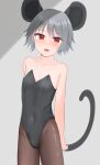  1boy alternate_costume animal_ears bangs black_leotard brown_pantyhose commentary_request covered_navel cowboy_shot crossdressing dakuazu genderswap genderswap_(ftm) grey_hair highres leotard looking_at_viewer male_focus mouse_boy mouse_ears mouse_tail nazrin open_mouth otoko_no_ko pantyhose red_eyes short_hair solo strapless strapless_leotard tail touhou 