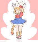  1girl animal_ears arms_up bow bowtie brown_hair cat_ears cat_girl cat_tail coroha extra_ears full_body gloves hello_kitty hello_kitty_(character) jumping kemono_friends kemono_friends_3 looking_at_viewer pink_background ribbon sanrio serval_(kemono_friends) shirt shoes short_hair simple_background skirt socks solo tail 
