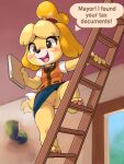 2024 ajin animal_crossing anthro blonde_hair bottomwear canid canine canis clothed clothing dialogue domestic_dog female folder fur genitals hair hi_res isabelle_(animal_crossing) ladder mammal nintendo no_underwear on_ladder open_mouth pussy secretary shih_tzu skirt smile solo speech_bubble tail tail_motion tailwag topwear toy_dog upskirt vest yellow_body yellow_fur