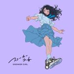  1girl dior dress haluchilu highres long_sleeves original product_placement purple_background school_uniform serafuku shoes simple_background sneakers solo uniform 