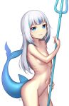  1girl blue_eyes blue_hair blue_nails completely_nude fish_tail gawr_gura gills highres holding holding_weapon hololive hololive_english multicolored_hair navel nitrus nude polearm shark_girl shark_tail solo tail trident two-tone_hair virtual_youtuber weapon white_background white_hair 