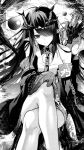  1girl arknights bare_shoulders bead_necklace beads colored_skin commentary crossed_arms dragon dragon_girl dragon_horns dress dusk_(arknights) earrings greyscale hair_over_one_eye highres horns jewelry long_hair looking_at_viewer monochrome necklace necktie off_shoulder pointy_ears screentones senju_yosiyuki sidelocks sleeveless sleeveless_dress solo symbol-only_commentary tassel tassel_earrings 
