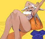  1girl absurdres animal_ears armpits arms_up bare_arms boku_no_hero_academia closed_eyes dark-skinned_female dark_skin highres knees_together_feet_apart koyap legs leotard long_hair mirko on_floor open_mouth rabbit_ears simple_background solo stretching teeth white_hair yawning yellow_background 