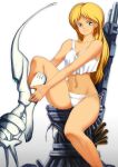  1980s_(style) 1girl blonde_hair blue_eyes boots chair commentary_request cyberpunk dragon&#039;s_heaven dressing earrings highres ikuuru jewelry long_hair looking_at_viewer machinery mecha moebius_(style) oggy power_armor power_suit retro_artstyle robot science_fiction sitting smirk solo underwear wreckage 