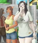  anthro black_hair bottomwear breasts brown_body brown_fur building canid canine canis cellphone cervid cleavage clothed clothing cutoffs daisy_dukes denim denim_clothing duo eyewear female fully_clothed fur glasses hair hi_res hotpants house konoha_(pwnagespartan) mammal phone plant pwnagespartan reiko_(pwnagespartan) shirt shorts smartphone smile t-shirt topwear tree walking white_body white_fur wolf 