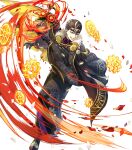  1boy attack black_cape black_gloves black_hair black_kimono blonde_hair blue_eyes cape crown fafnir_(fire_emblem) fafnir_(new_year)_(fire_emblem) fire_emblem fire_emblem_heroes flower fur-trimmed_kimono fur_trim gear_print gloves grin hair_slicked_back highres holding holding_flower japanese_clothes kimono multicolored_hair non-web_source official_alternate_costume official_art pale_skin smile solo streaked_hair 