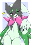  2022 animal_humanoid anthro clawed_fingers claws colored digital_drawing_(artwork) digital_media_(artwork) eyelashes fangs felid feline felis female fur generation_9_pokemon genitals green_body green_fur happy hi_res humanoid leaked_pokemon looking_at_viewer mammal mammal_humanoid meowscarada navel nintendo nude one_eye_closed open_mouth pawpads paws pikative pokemon pokemon_(species) pussy red_eyes seductive shaded simple_background smile solo star teeth teeth_showing thick_thighs tongue video_games wide_hips wink 