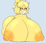 absurd_res animal_crossing anthro areola big_areola big_breasts blonde_hair blush breasts canid canine canis domestic_dog female furfer hair hi_res huge_breasts isabelle_(animal_crossing) mammal messy_hair nintendo shih_tzu simple_background smile solo toy_dog yellow_body