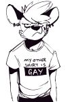 2017 annoyed anthro black_and_white clothed clothing digital_media_(artwork) ear_piercing fent fur hair hi_res humor hyena looking_at_viewer male male_anthro mammal monochrome piercing shirt sketch solo spotted_hyena stated_homosexuality stated_sexuality t-shirt text_on_t-shirt topwear