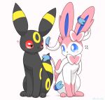 2023 3_toes ambiguous_gender big_ears black_body black_ear_tips black_ears black_fur black_nose black_tail black_tail_tip blue_eyes blue_inner_ear blush bow_(feature) canid colored digital_media_(artwork) duo ear_bow ear_markings eeveelution eye_contact facial_markings feet feral forehead_markings front_view full-length_portrait fur generation_2_pokemon generation_6_pokemon glistening glistening_eyes head_markings hi_res japanese_text kemono kenikenikeke leg_markings looking_at_another mammal markings monotone_tail mouthless multicolored_body multicolored_ears multicolored_fur multicolored_tail neck_bow nintendo no_sclera pink_body pink_ears pink_fur pink_tail pokemon pokemon_(species) portrait pupils quadruped question_mark red_eyes ribbons ring_(marking) shaded shy simple_background sitting socks_(marking) sound_effects sylveon tail tail_markings text toes two_tone_body two_tone_ears two_tone_fur two_tone_tail umbreon white_background white_body white_fur white_pupils yellow_body yellow_ears yellow_fur yellow_markings yellow_tail