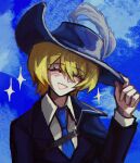  1girl blonde_hair blue_cape blue_headwear blue_necktie blue_sky cape closed_eyes collared_shirt don_quixote_(project_moon) hand_up hat_feather hat_tip highres limbus_company necktie open_mouth project_moon selllrom shirt short_hair sky smile solo sparkle upper_body white_shirt 