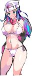  1girl absurdres alternate_breast_size arms_behind_back bare_shoulders blue_eyes blue_hair blush bra breasts cameltoe cleavage covered_nipples dawn_(pokemon) enpe feet_out_of_frame hair_ornament highres large_breasts lingerie long_hair looking_at_viewer midriff multicolored_hair navel panties pink_hair poke_ball poke_ball_print poke_ball_symbol pokemon pokemon_(game) pokemon_dppt removing_jacket simple_background smile stomach string_panties thick_thighs thigh_gap thighs underwear white_background white_bra white_headwear white_panties 