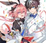  2boys astolfo_(fate) astolfo_(saber)_(fate) black_bow black_dress blue_bow blue_eyes bow brown_hair buttons charlemagne_(fate) closed_mouth collared_shirt dress fate/apocrypha fate/extella fate/extella_link fate/extra fate/grand_order fate_(series) flower hair_between_eyes hair_bow highres jacket long_hair long_sleeves looking_at_viewer male_focus multiple_boys one_eye_closed open_mouth pink_eyes pink_flower pink_hair poppoman shirt short_hair short_sleeves smile teeth upper_body white_background white_flower white_jacket white_shirt 