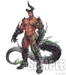  1boy abs bara beard black_hair blue_hair body_modification broken_horn bulge claws crotch_plate dark-skinned_male dark_blue_hair dark_skin demon_tail dragon_boy dragon_horn dragon_tail facial_hair full_beard full_body highres horns jin_(sirius-j) large_pectorals looking_at_viewer male_focus mature_male monster_boy muscular muscular_male mustache_stubble navel navel_hair nipples original pectorals short_hair solo spiked_tail stomach tachi-e tail thick_eyebrows thick_tail thick_thighs thighs topless_male underbust 