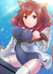  1girl air_bubble animal_ears azur_lane blue_one-piece_swimsuit breasts bubble cat_ears cat_girl cat_tail collar diving freediving i-19_(azur_lane) jacket large_breasts light_rays long_sleeves ocean red_hair ribbon school_swimsuit sleeves_past_wrists solo submarine submerged sunlight swimsuit tail tail_ornament tail_ribbon underwater watercraft y2 