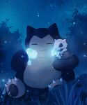  claws closed_eyes closed_mouth cloud commentary_request cubone fangs fangs_out glowing grass highres night no_humans oguraan outdoors pokemon pokemon_(creature) pokemon_on_arm sitting sky snorlax 