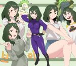  1girl absurdres belt black_footwear blush bodysuit boku_no_hero_academia collarbone dress_shirt embarrassed green_eyes green_hair hand_in_own_hair hand_on_own_hip hand_on_own_knee highres jewelry knees_together_feet_apart koyap long_sleeves medium_hair necklace open_mouth purple_bodysuit sharp_teeth shirt short_shorts short_sleeves shorts smile sweater teeth tokage_setsuna turtleneck turtleneck_sweater v 